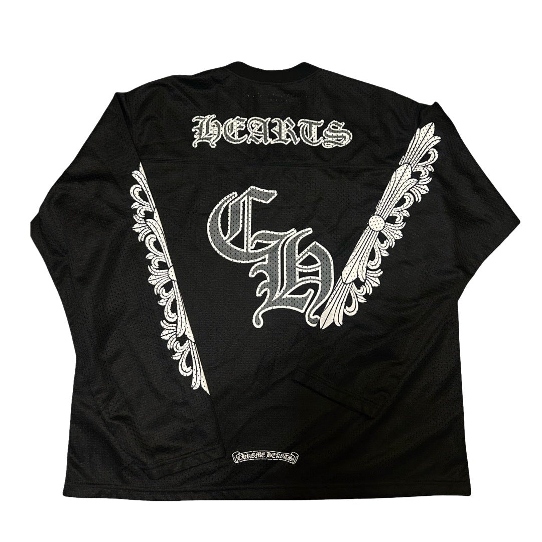 Black long-sleeve chrome hearts jersey white graphics and text on a white background