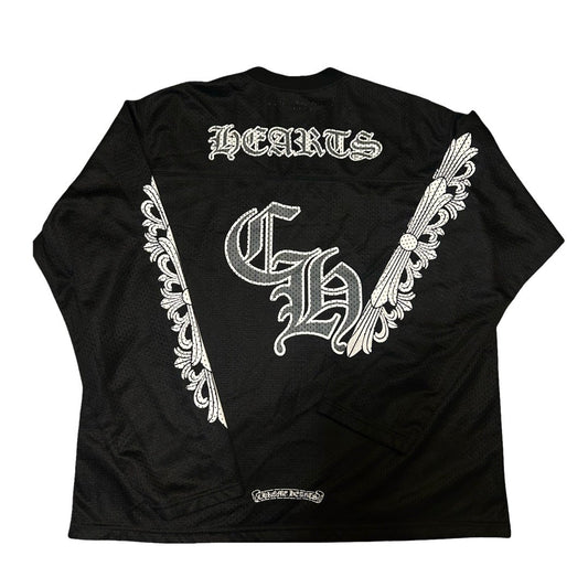 Black long-sleeve chrome hearts jersey white graphics and text on a white background